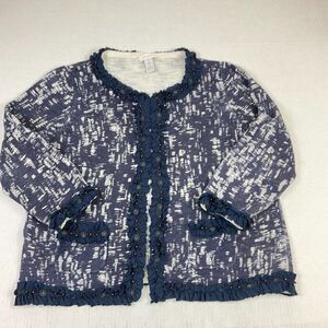 Chicos Cotton Ruffled Cardigan Blue Ivory Print 3/4 Sleeve Knit Sweater 1 Medium